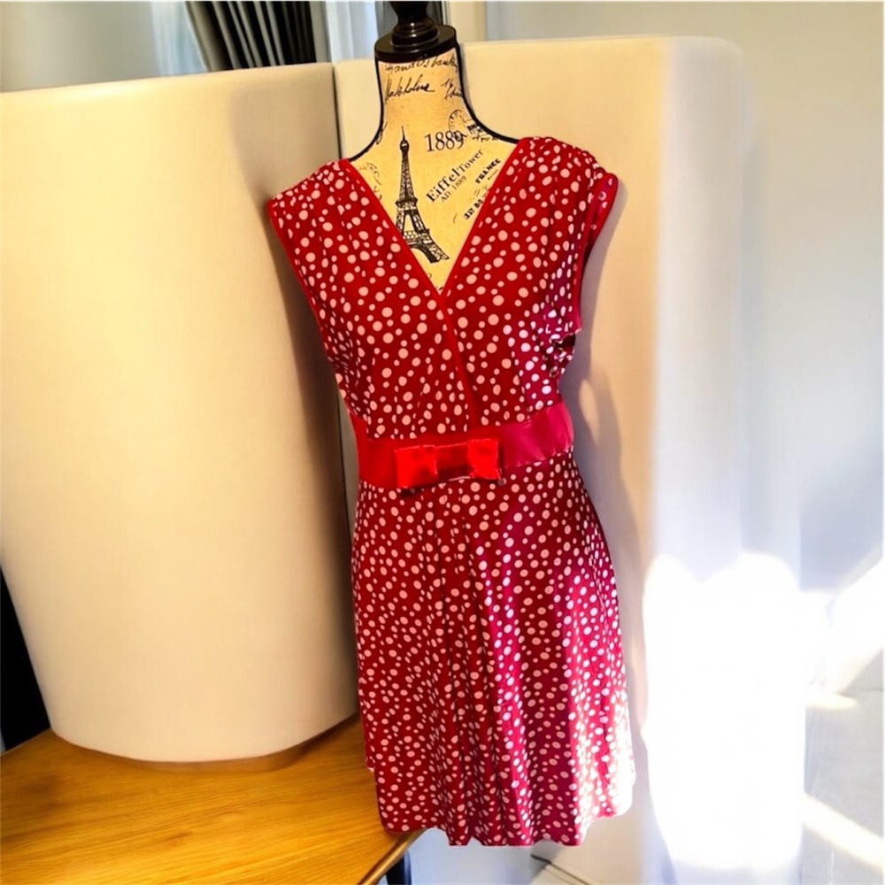 🌹 STUDIO AA V NECK FRONT & BACK RED & WHITE POLKA DOT SZ:14 DRESS MIDI EUC